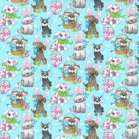 44"-"Spring Holiday Pups - Blue" - Easter - 100% Cotton