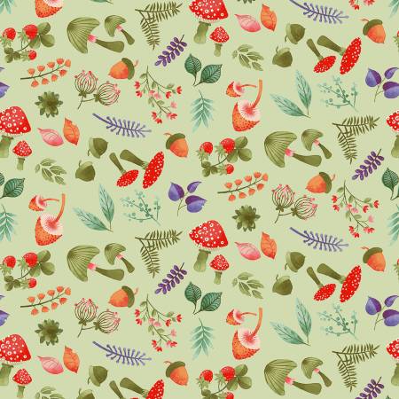 44" -Studio E - Green Multi Tossed Mushrooms - 100% Cotton