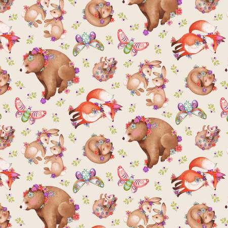 44" -Studio E - Dark Pink Tossed Woodland Animals - 100% Cotton