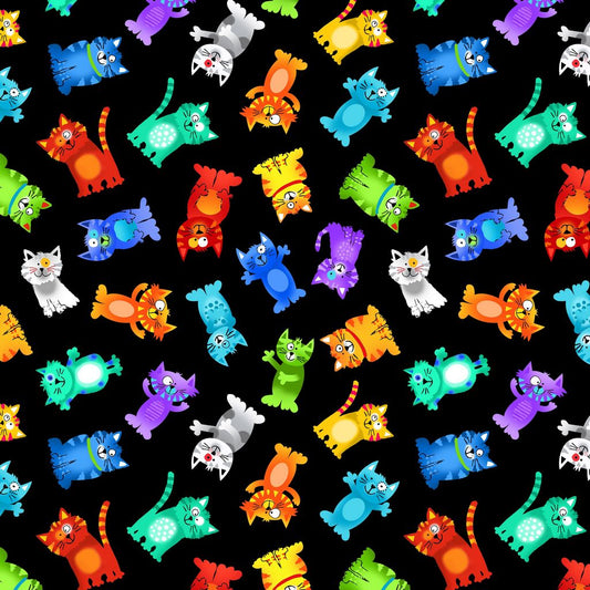 44" Timeless Treasures "Tossed Rainbow Cats" - 100% Cotton