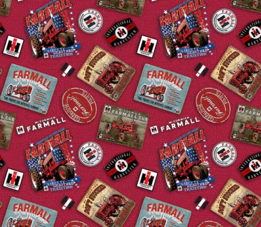 44"-Tossed Farmall Logos Red Burlap-100% cotton