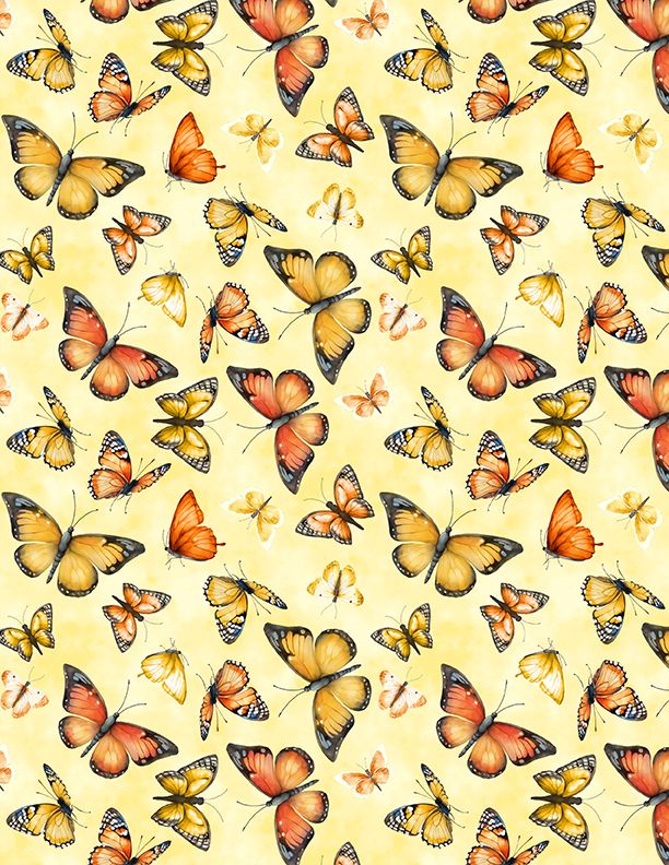 44"- Wilmington Prints  "Butterflies" -  Yellow - 100% Cotton