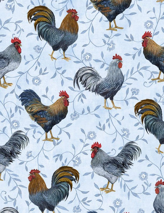 44"- Wilmington Prints  "Large Rooster Toss" - Light Blue - 100% Cotton