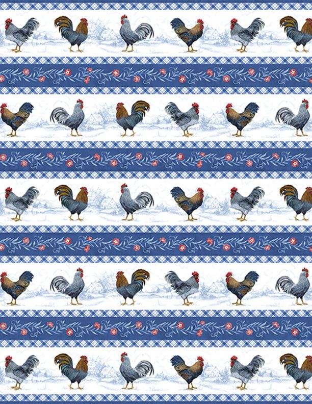 44"- Wilmington Prints  "Multi Stripe Rooster" - Light Blue - 100% Cotton