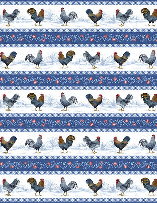 44"- Wilmington Prints  "Multi Stripe Rooster" - Light Blue - 100% Cotton