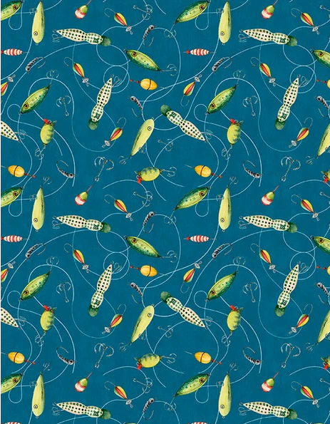 44"  - Wilmington Prints -  Reeled In-  "Lures Toss" - Blue - 100% Cotton