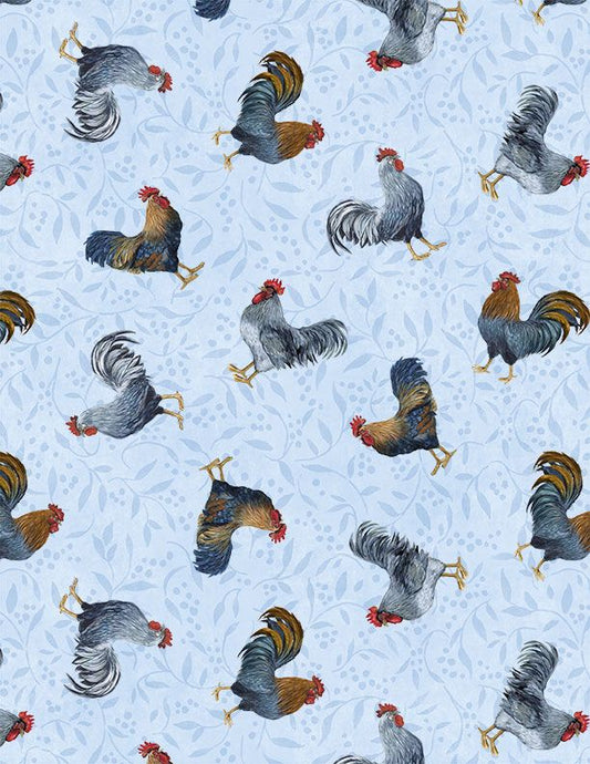 44"- Wilmington Prints  "Rooster Toss" - Light Blue - 100% Cotton