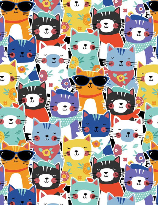 44"- Wilmington Prints - "Fe-Line Frisky" Packed Cats -100% Cotton