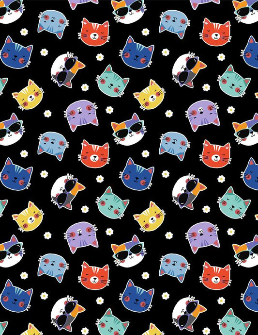 44"- Wilmington Prints - "Fe-Line Frisky" Cat Heads Black -100% Cotton