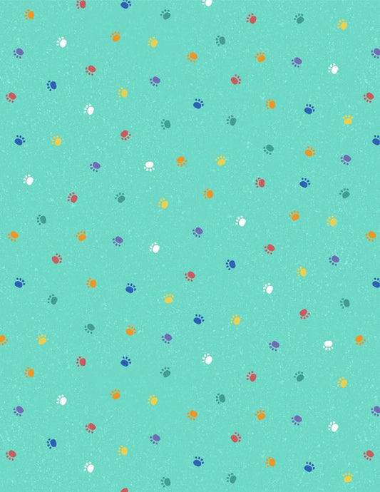 44"- Wilmington Prints - "Fe-Line Frisky" Paw PrintsTeal -100% Cotton
