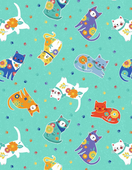 44"- Wilmington Prints - "Fe-Line Frisky" Cat Toss Teal -100% Cotton