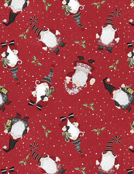 44"  - Wilmington Prints -  "Snowy Gnomies - Red/Black" -  100% Cotton
