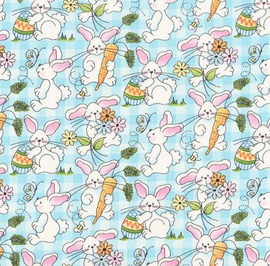 44"-"Bunnies on Teal - Plaid" - Easter - 100% Cotton