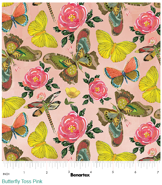 44"  - Benartex - "Butterfly Toss"- Pink - 100% Cotton