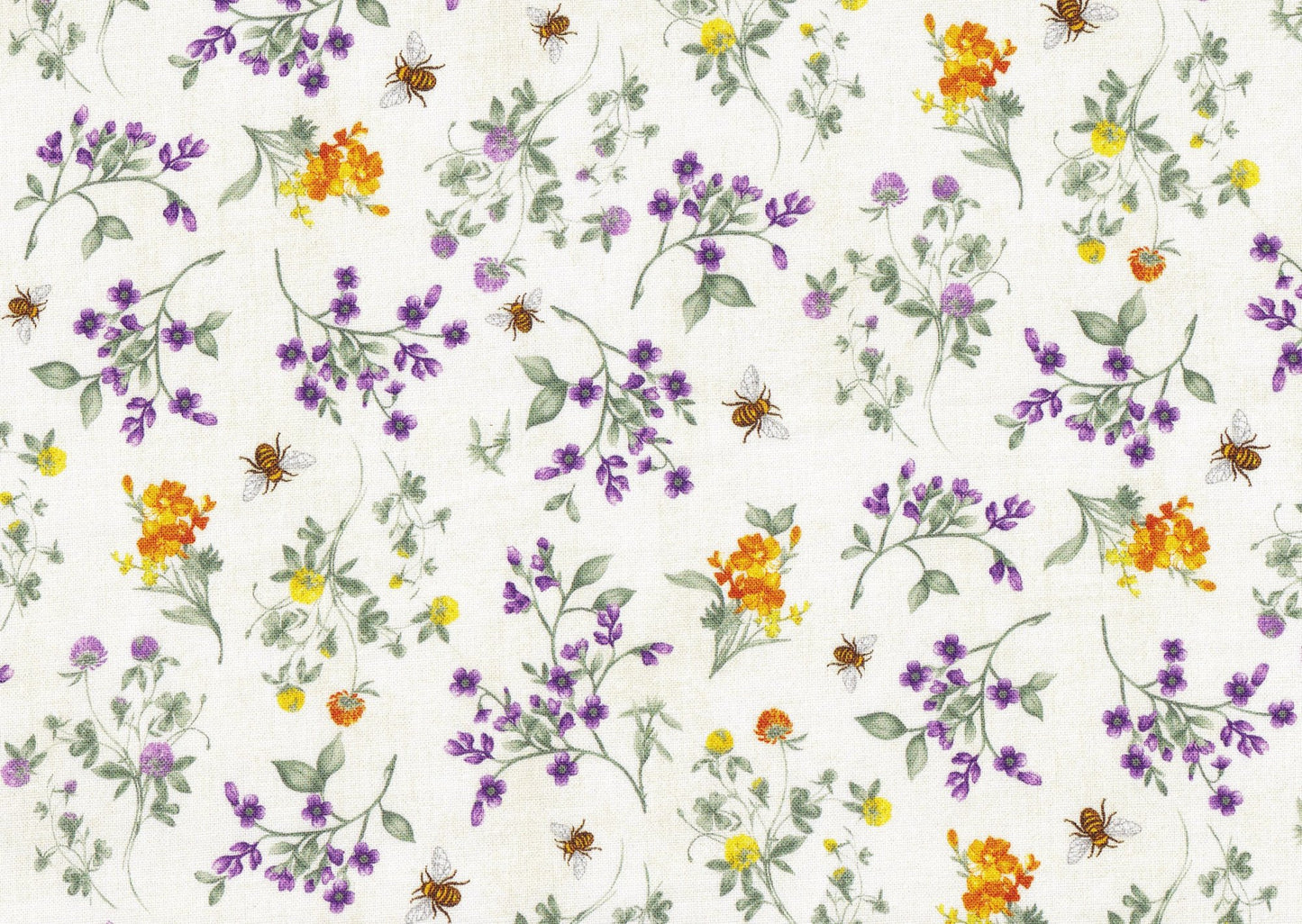 44" -Spring Bee Floral on Cream  - 100% Cotton