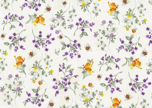 44" -Spring Bee Floral on Cream  - 100% Cotton