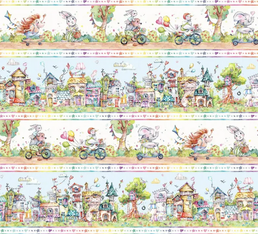 44"  -  "P&B Textiles - Whiskerville Animal Friends -  Scenic Stripe - 100% Cotton